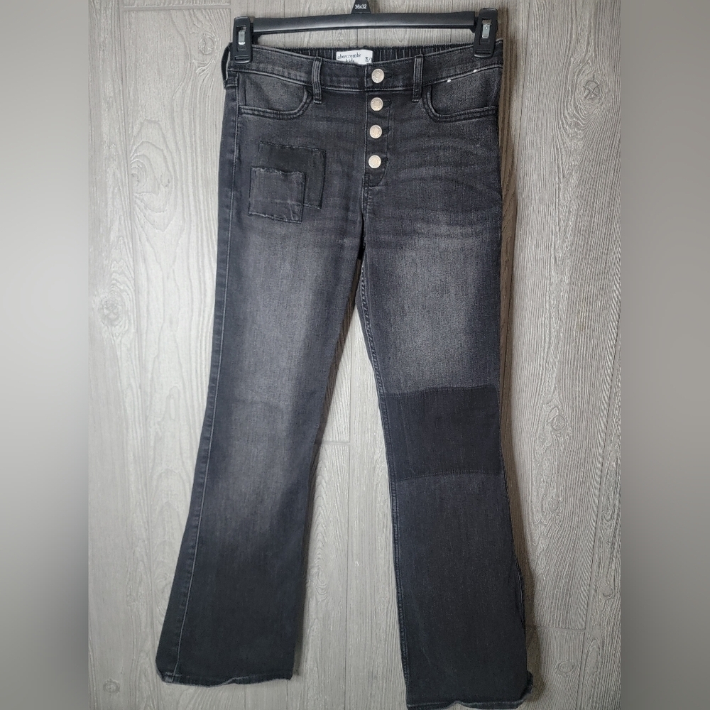 Abercrombie Kids Girls High Rise Flare Jeans Black Button Fly Patch Size 15/16